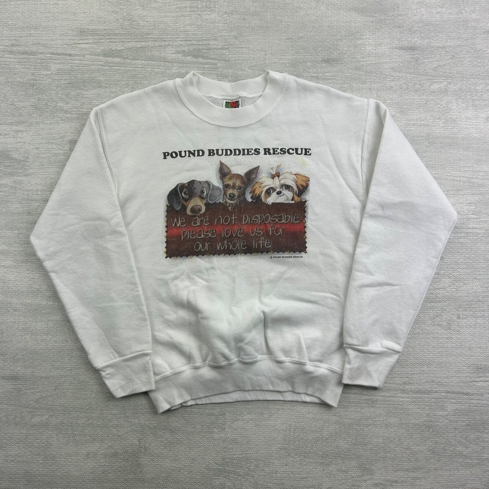 Vintage 90s Pound Buddies Rescue Sweatshirt Size Small White Puppy Dog Crewneck
